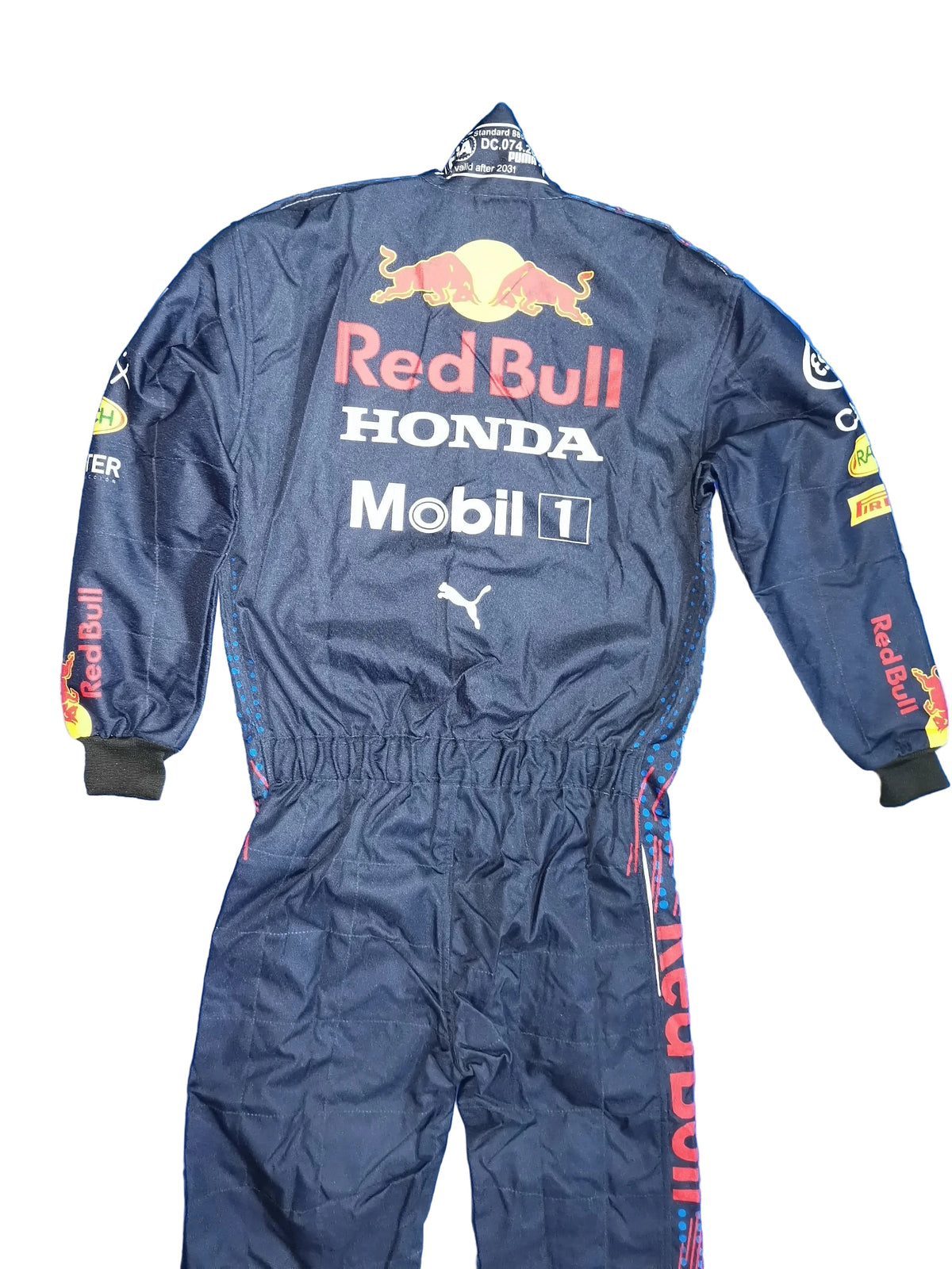 Race suit with Red Bull and Honda branding on a blue textured background