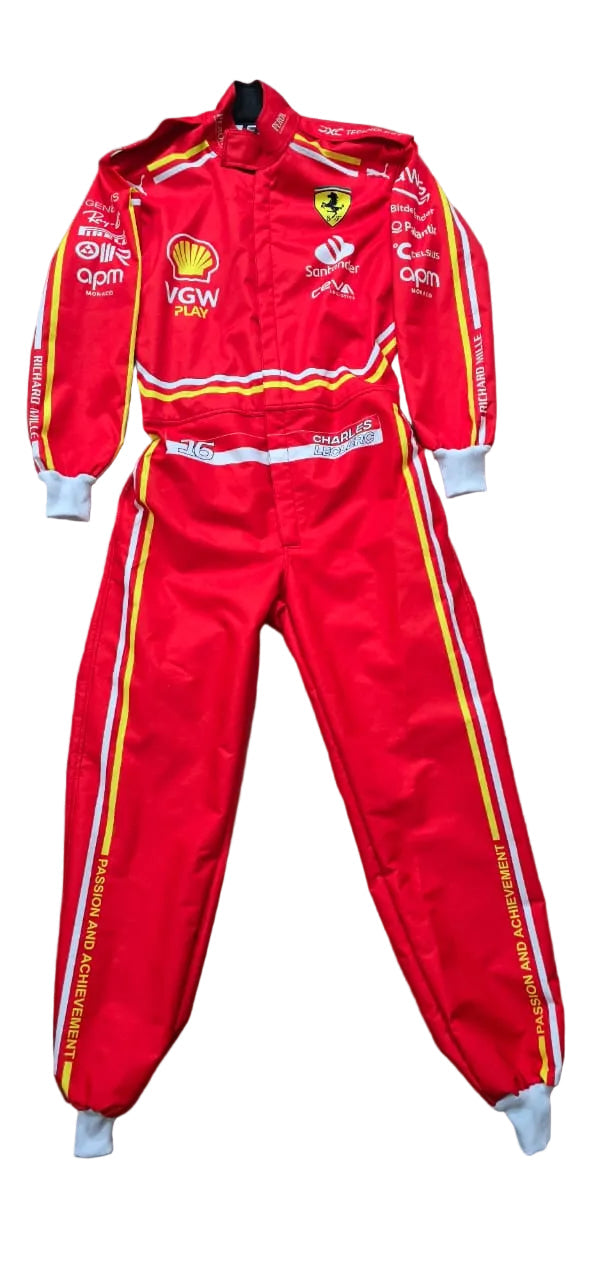 A red Ferrari racing suit laid flat on a tiled floor, featuring yellow and white stripes, sponsor logos including Shell and VGV, and the Ferrari Scuderia Ferrari branding.